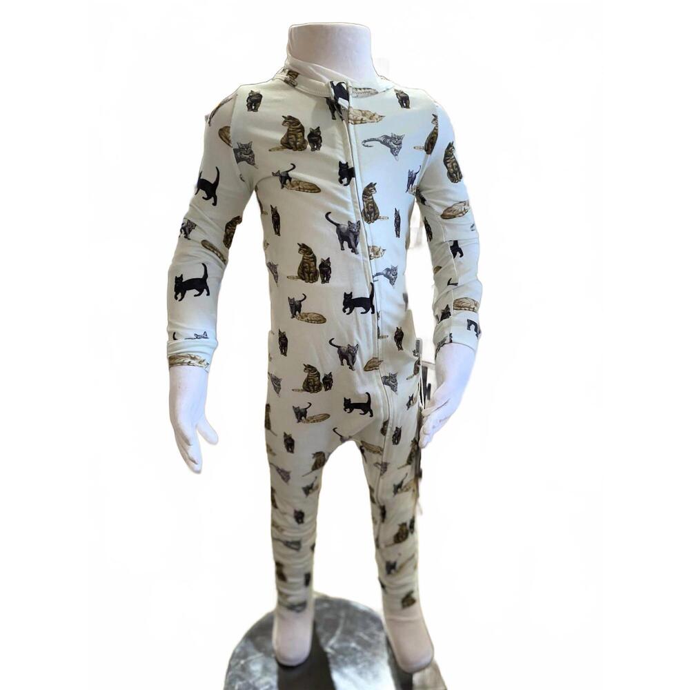 NEW MILKBARN kid's cat cotton stretch zipper pajama in white multi